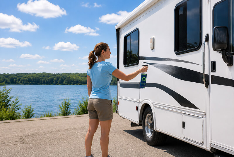 Woman cleaning the side of RV